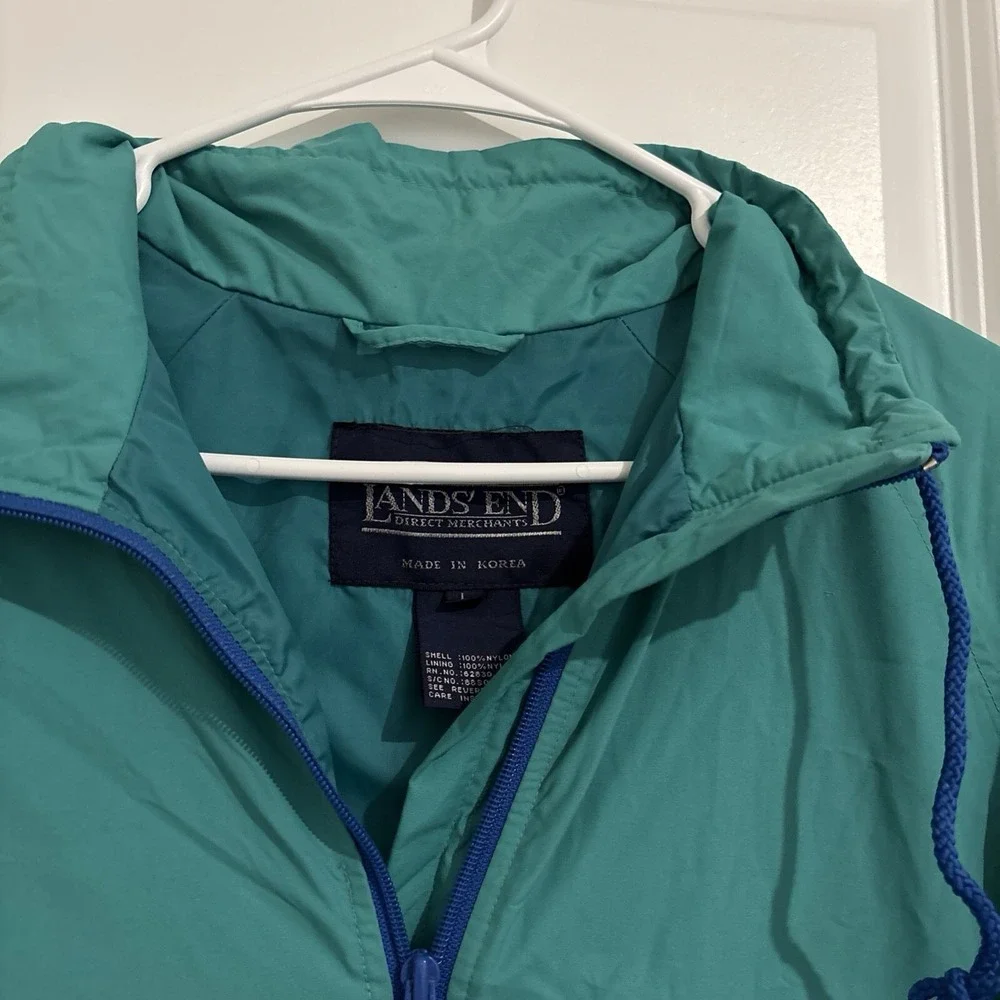 Lands End Windbreaker Jacket‎ L Vintage 90s Turquoise Zip Up